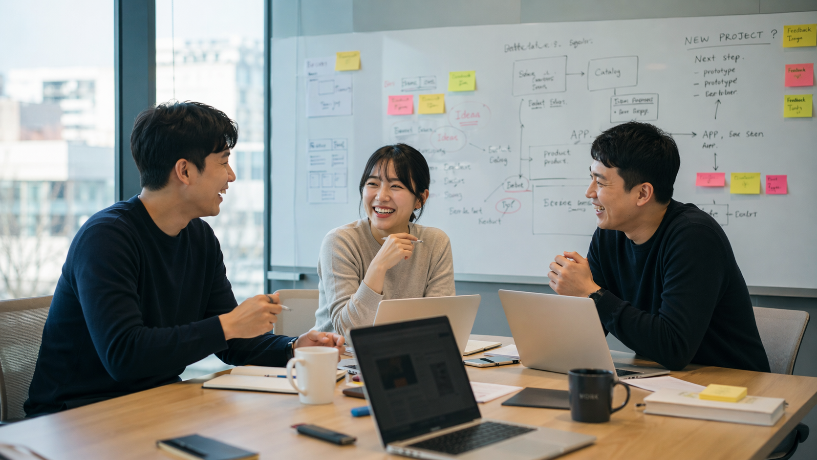 4·8인실 팀룸에서 화이트보드를 보며 논의하는 팀원들